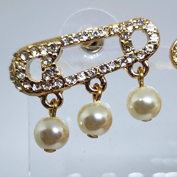 Betsey Johnson Diaper Pin Pearl and Rhinestone Accent Gold Pierced Earrings - Picture 5 of 11